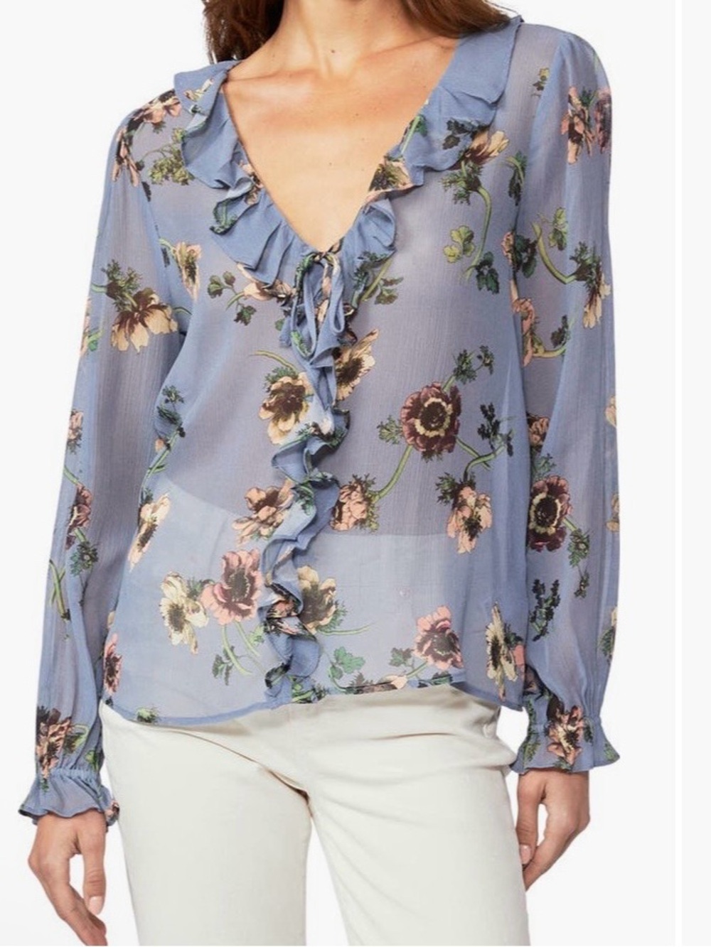 Paige Women’s Silk Sheer Floral Ruffle V-Neck Karin Blouse Blue Green New XS/S